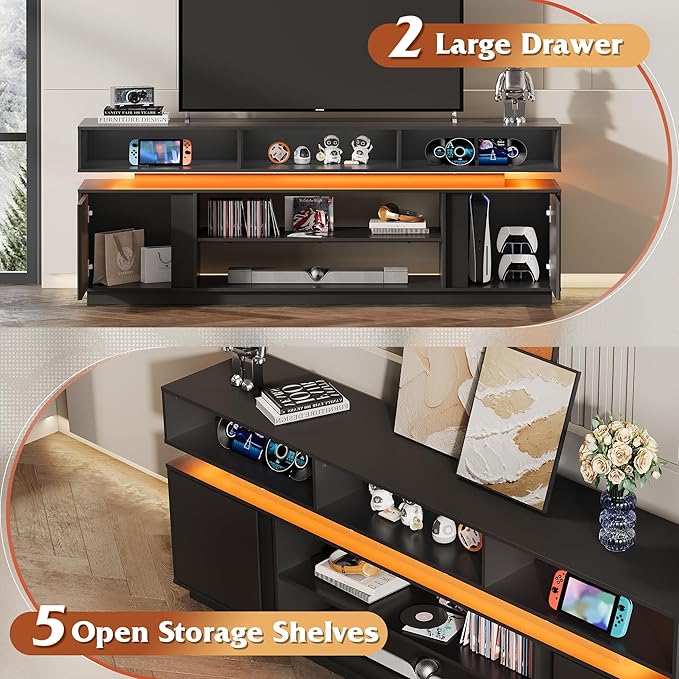 WLIVE Modern TV Stand for 75 Inch TV 2 Tier Entertainment Center with LED Lights &amp Storage Cabinets Media TV Console Gaming Television Stands for Living Room BedroomBlack