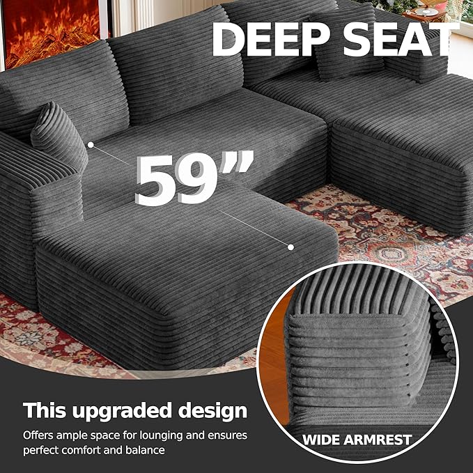 CHORRO107''Sectional Cloud Couch for LivingroomModular Corduroy Boneless Couch U-Shaped Sofa with Chaise and Pillows4-Deep Seat Sectional Sofa with 2 OttomanNo Assembly(Grey)