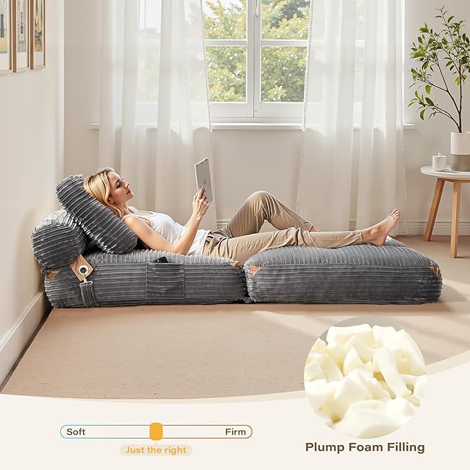 75'' Foldable Sofa BedConvertible Folding Sleeper Chair BedGrey Foldable Single Sofa Foam Filling Couch with Pillow Comfy Corduroy Lazy Floor Sofa for Small Room Bedroom Apartment