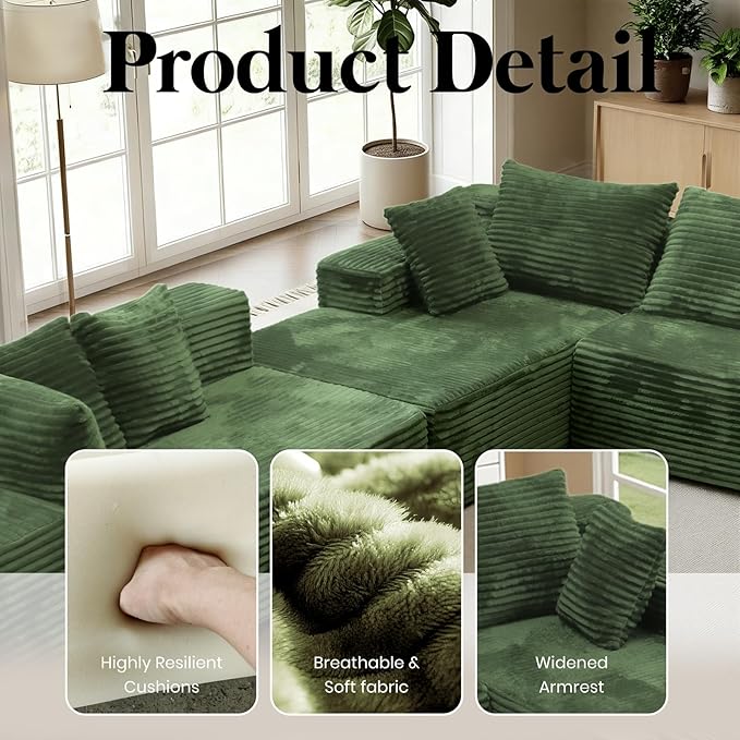 135'' Boneless Couches for Living Room Oversized V-Shaped 6-Seat Faux Fur Convertible Modular Sectional Cloud Sofa 4-in-1 Flexible Combination Deep Seat Corner Large Couch No Assembly Green