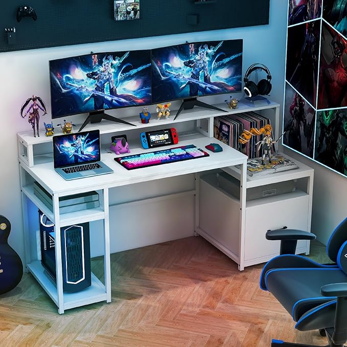 Tangkula Computer Desk with Power Outlets 66” Computer Workstation with Monitor Stand CPU Stand Printer Shelf &amp File Drawer Writing Table Gaming Desk for Home Office (White)