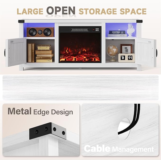 Furmax LED Entertainment Center with Fireplace Fireplace TV Stand with Storage Cabinets and 2 Open Shelves Modern Media TV Console for Living Room (White)