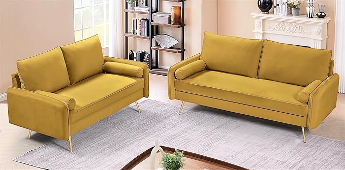 Kent Modern Loveseat European Style Velvet Living Room Furniture with Tapered Legs Vintage Flair and Sleek Design Greenish Yellow