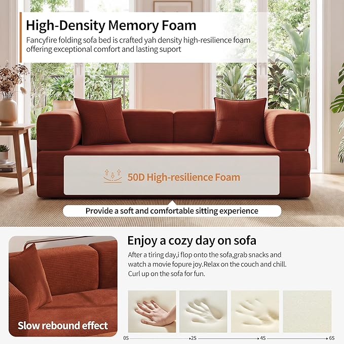 78.8 Convertible Sofa Bed with Armrest Pillow 4-in-1 Sleeper Couch Bed for Livingroom Modular Corduroy Boneless couches No Assembly (Orange)