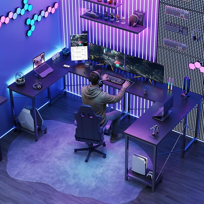 DUMOS L Shaped Desk Computer Gaming Desks Corner Office Table with CPU Shelf for Home Study Writing Work Station 50 Inch Black