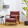 Glitzhome 30.75 H Mid Century Red Accent Armchair Single Reading Armchair PU Leather Lounge Chair with Walnut Ruberwood Frame