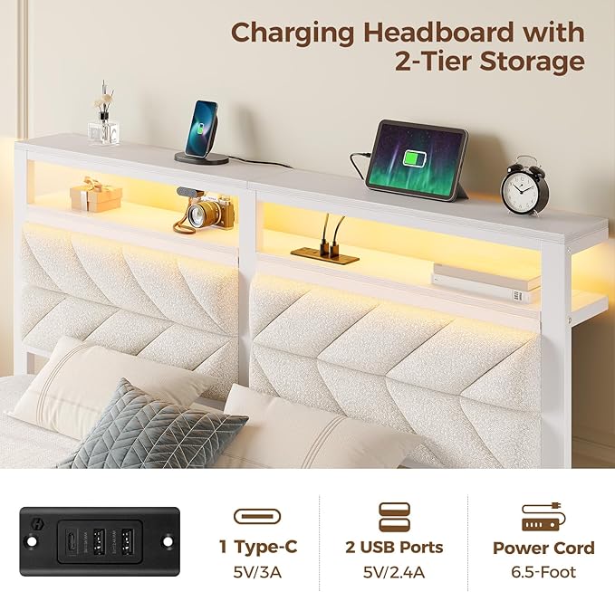 Seventable Bed Frame Full Size with Charging Station LED Bed with Upholstered Storage Headboard Metal Platform Bed with Under Bed Storage No Box Spring Needed Noise Free Easy Assembly White