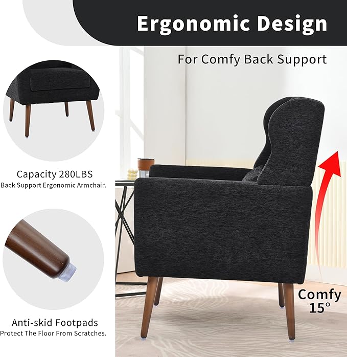 Modern Accent Chair Upholstered Arm Chair with Waist Pillow Single Sofa Chair for Living Room Bedroom Small Spaces (Black)