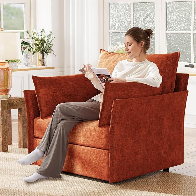 ABCASA Oversized Accent Chair Upholstered Modern Single Sofa Living Room Chair 24.5 Deep Seat Reading Chair Terracotta Orange Mid-Century Pet-Friendly Comfy Chenille Bedroom Armchair