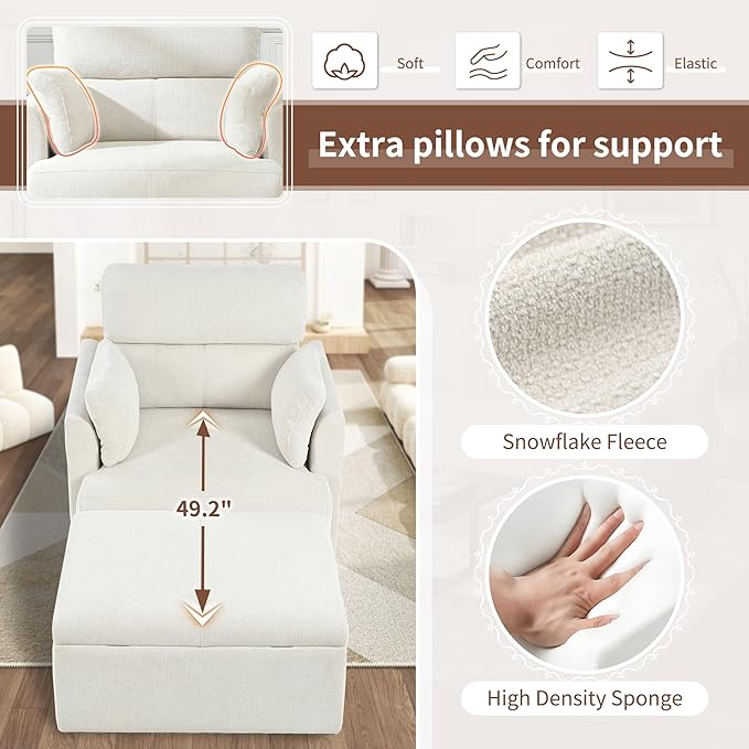 Snowflake Fleece Oversized Accent Chair with Storage Ottoman - 26.57 Wide Deep Seat Reading Chair Convertible Daybed 400lbs Capacity for Living Room &amp Apartment (Beige)