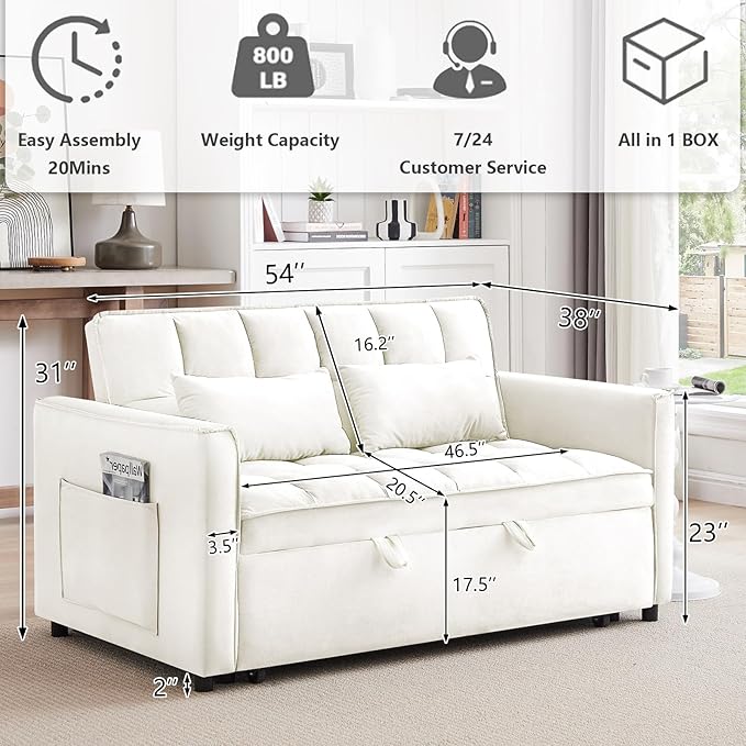 3 in 1 Convertible Sleeper Sofa BedFuton Loveseat Couch with Pull-Out Bed &amp Adjustable BackrestVelvet Fabric Sofa with Side Pocket for Small Apartment Living Room Office (Beige)
