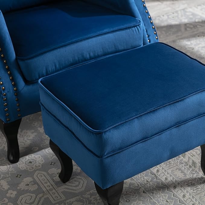 chairus Mid-Century Modern Accent Chair with Ottoman Comfy Velvet Single Sofa Chair Button Tufted Wingback Armchair with Pillow for Living Room/Bedroom/Club - Blue