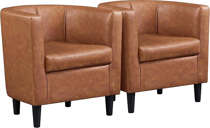 Yaheetech Accent Chair PU Leather Modern and Comfortable Armchairs Upholstered Barrel Sofa Chair for Living Room Bedroom Waiting Room 2PCS Brown