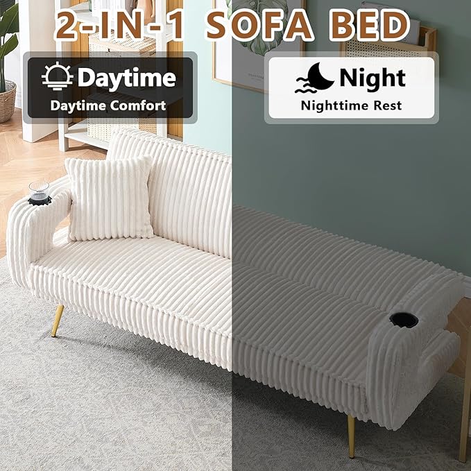 70 Beige Futon Couch Bed Sofa Comfortable Futon Loveseat with Cupholders &amp Arms Convertible Fouton Sofas with Adjustable Backrest &amp Pockets for Small Spaces Living Room Bedroom Dorm (White)