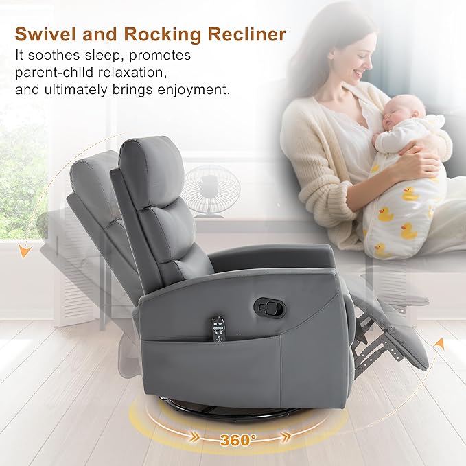 Manual Swivel Rocker Recliner Chair for Adults Overstuffed Reclining Glider Chair for Nursing with Vibration Massage &amp Heat Living Room Rocking Recliner 3-Stage backrest Faux Leather Gray