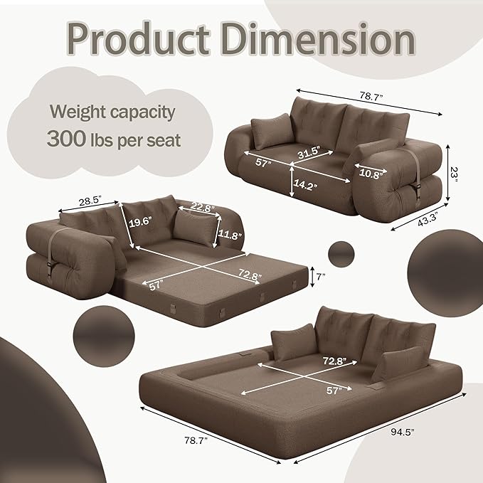 78.7 Convertible Sofa Bed 3-in-1 Folding Floor Couch with 4 Pillows Sleeper Sofa for Living Room and Guest Bed No Assembly Required (Brown Teddy Fabric)