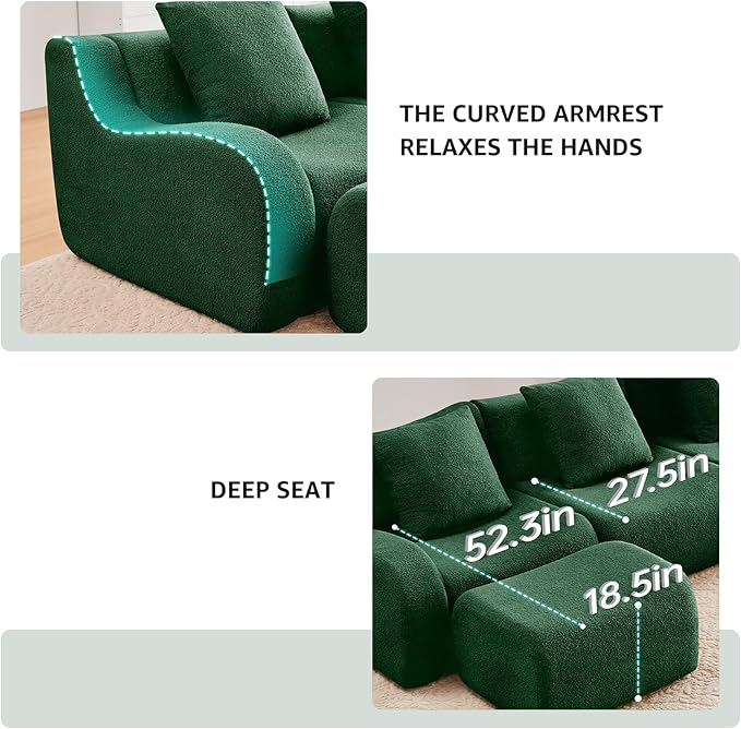 Green Modular Cloud Couch Loveseat with 2 Ottomans Modern Teddy Fabric Boneless Sectional Sofa in a Box for Living Room Deep Seat Floor Couch No Assembly Required Sofas para Sala