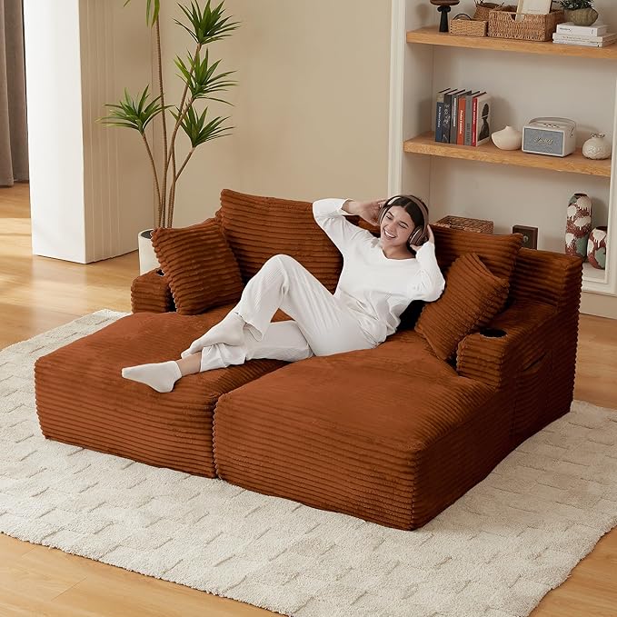 Double Chaise Lounge Sofa Boneless Cloud Couch Bed with Cup Holders and Side Pockets Comfy Deep Seat Sleeper Sectional Loveseat Chair for Living Room (Orange 2 Seat)