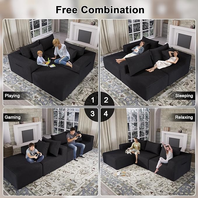 Modular Sectional Sofa Deep Seat Cloud Couch with Throw Pillows Fluffy Comfy Boneless Couch Freely Convertible Memory Foam Sofa for Living Room Apartment Bedroom (Black 4 Seater)