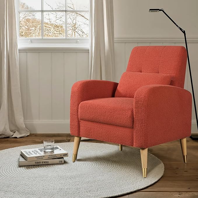 Dolonm Mid-Century Modern Accent Chair Upholstered Armchair Living Room Chair Comfy Single Sofa Chair with Sturdy Legs for Living Room Bedroom Red