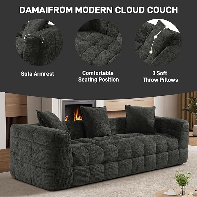 89.8 Chenille Cloud Sofa Couch with 3 Soft PillowsComfy Upholstered Chenille 3 Seater LoveSeat SofaModern Deep Seat Sherpa Cloud Couch Oversized Love Seat for Living RoomBlack Grey