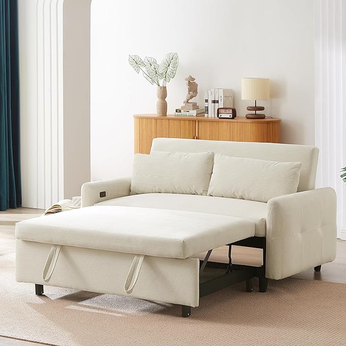 57.48 Beige Corduroy 2 Seat Convertible Pull Out Sofa Bed with USB Ports Small Space Modern Convertible Loveseat Sofa Couch for Living Room