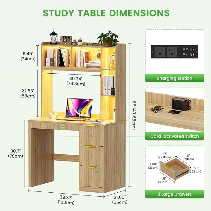 HNEBC Home Office Desk with Hutch and Drawers - 39 Standing Computer Desk with Charging Station&amp3 Color LightsHidden Compartment &amp Fluted Panel Design LED Writing Desk for Bedroom Study (N