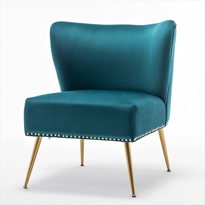 Thia Armless Velvet Accent Chair for Living Room Elegant Seat with Nailhead Trim Gold Metal Legs and Comfortable Curved Back 28 D x 25 W x 29.5 H Bluish Green