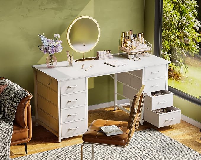 Casaottima 48 Inches Computer Desk with 8 Fabric Drawers Modern Office Desk with Large Storage for Home Office Study White