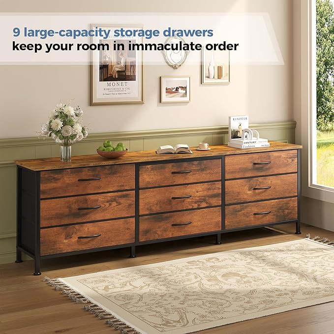DUMOS TV Stands for Living Room Furniture with 9 Fabric Drawers Long Entertainment Center Up to 75 Inch TV Media Console Table with Storage for Bedroom Adjustable Feet Rust.