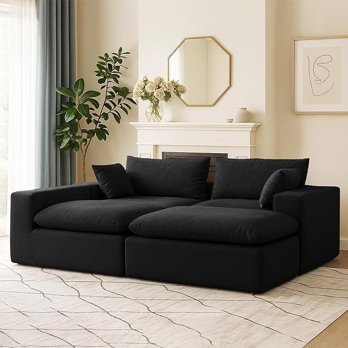 91.34 No Assembly Required Sectional Couch Modern 6-Piece Frameless Modular Sofa with Ottoman Deep Seat Cloud Couches for Living Room Oversized Chenille Comfy Sofa Black