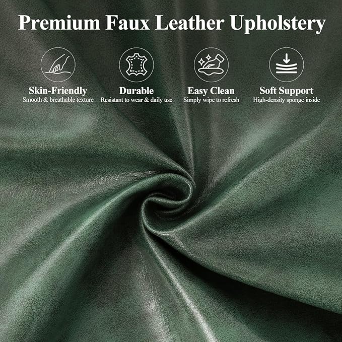 Mid-Century Modern Green Faux Leather Accent Chair Upholstered Armchair for Living Room/Bedroom/Reading Corner Curved Back &amp Padded Arms High-Density Cushion Metal Legs Easy-to-Clean Design