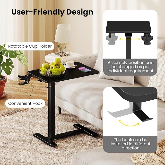 GOFLAME Rolling Standing Desk C Shaped End Table Adjustable Height with Hidden Wheels Cup Holder &amp Headphone Hook Mobile Sofa Couch Bed Side Table for Living Room Home Office (Black)
