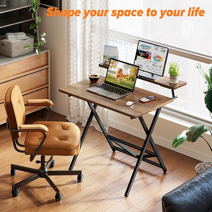WOHOMO Folding Computer Desk with Adjustable Height 23.6 x 31.5 x 25.6 Foldable Table with Monitor Stand Small Office Desk for Bedroom Space Saving Desk for Home Office Easy Assemble Walnut
