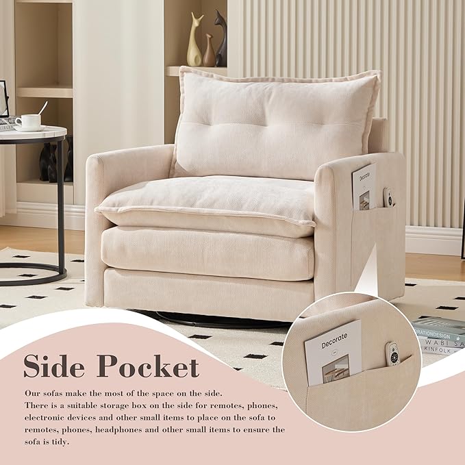 360° Swivel Accent Chair36.22” Swivel ArmchairSquare Accent Barrel Chair with Side Pockets - Upholstered Comfy Single Sofa Chair for Living Room Bedroom Reading Nook (Beige)