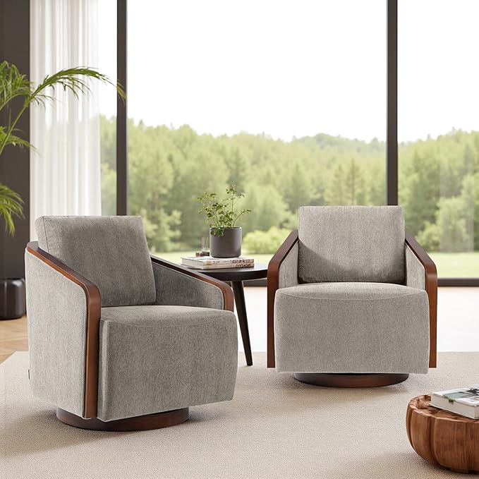 Swivel Barrel Accent Chair Mid Century Modern Arm Chair for Living Room Bedroom Comfy Club Reading Lounge Sofa Corner Chairs for Adults(Chenille Light Brown Set of 1)
