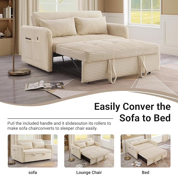 55.5 Corduroy Convertible Sofa Bed Pull Out Sleeper Sofa Bed Loveseat Couch with USB Charging Ports 3 in 1 Convertible Sleeper Sofa Bed for Living Room Apartment Bedroom RV Beige