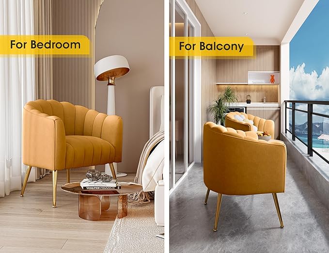 Oversized Pumpkin Couch Accent Chair Modern Comfy Velvet Upholstered Barrel Chairs Luxury Single Sofa Armchair for Living Room Waiting Room Office and Vanity (Mustard)