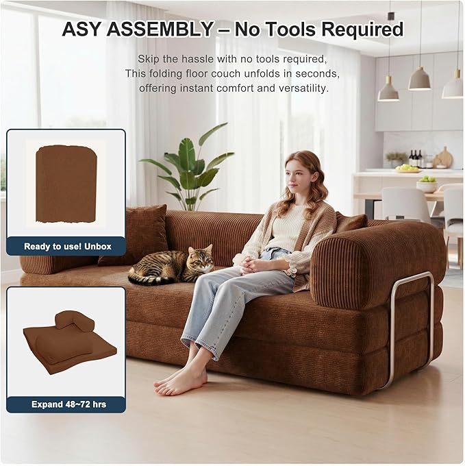 78Inch Compression Sofa 4-in-1 Convertible Floor Sleeper Sofa Bed Folding Sofa Couch with Pillow Support Armrest Cloud Corduroy Foldable Mattress for Living Room Bedroom