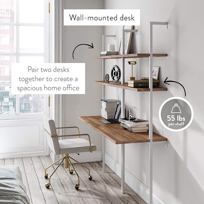 Nathan James Theo 2-Shelf Industrial Wall Mount Ladder Small Computer or Writing Desk Rustic Oak/White