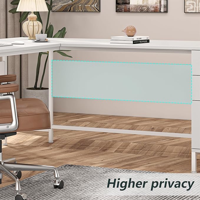 TVU 59’’ L Shaped Desk with 6 Wooden Drawers Large Home Office Corner Computer Desk with Storage File Cabinet Modern Metal Wood Desk for Executive Writing Study Workstation White