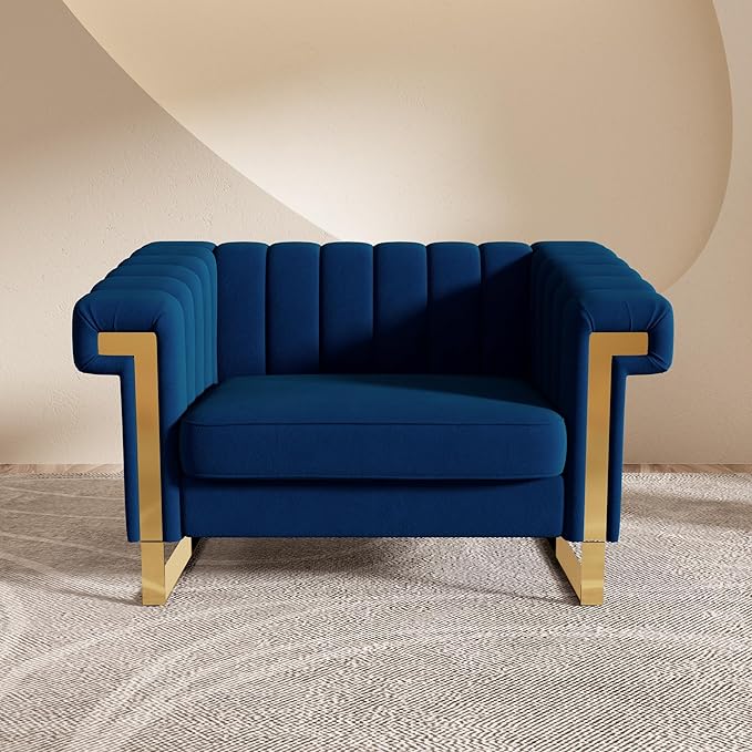 Mid-Century Modern Blue Velvet Single Sofa with Gold Metal Legs 49 Luxury Chesterfield Comfy Blue Sofa Chair for Living Room (Blue-1 Seater)