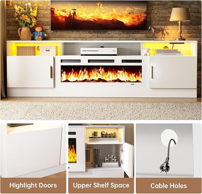 oneinmil 70 Fireplace TV Stand with Power Outlet for TVs Up to 80 Electric Fireplace Entertainment Center with LED Lights &amp Storage Cabinets Media Console Table for Living Room White