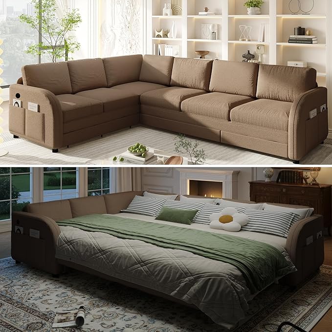 115.2 L Shaped Couch Bed Sectional Couches for Living Room Teddy Fabric Sleeper Sofa Bed with Pull Out Couch Convertible Sectional Couch with Charging Station &amp Side Pocket Brown