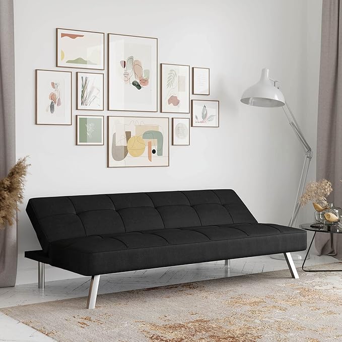 Serta® Rane 66.1 Convertible Futon Sofa Short Twin Size Modern Transitional Tufted Back and Seat Cushion Dream Coil® Comfort Fingerguard® Pinch Point Protection Woven Fabric Black