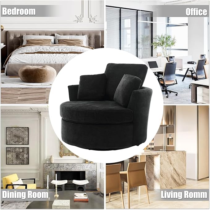 Oversized Swivel Barrel Chair Round Single Sofa with 3 Pillows Circle Accent Lounger Armchair Chairs for Bedroom Living Room Lounge Hotel (Black Chenille)