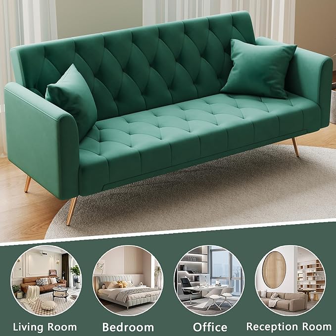 71 Convertible Folding Sleeper Sofa CouchModern Velvet Loveseat Sleeper with 2 Pillows Futon Sofa Bed with Mattress and Frame for Living RoomBedroomSmall Space (Green)