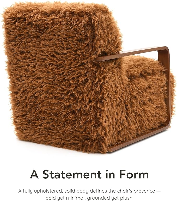 Furniture of America Ramos Modern Lounge Chair with Ultra Soft Faux Fur Long-Haired Accent Sofa Tight Seat and Back Single Couch Fluffy Living Room Seating No Assembly Needed Camel Brown