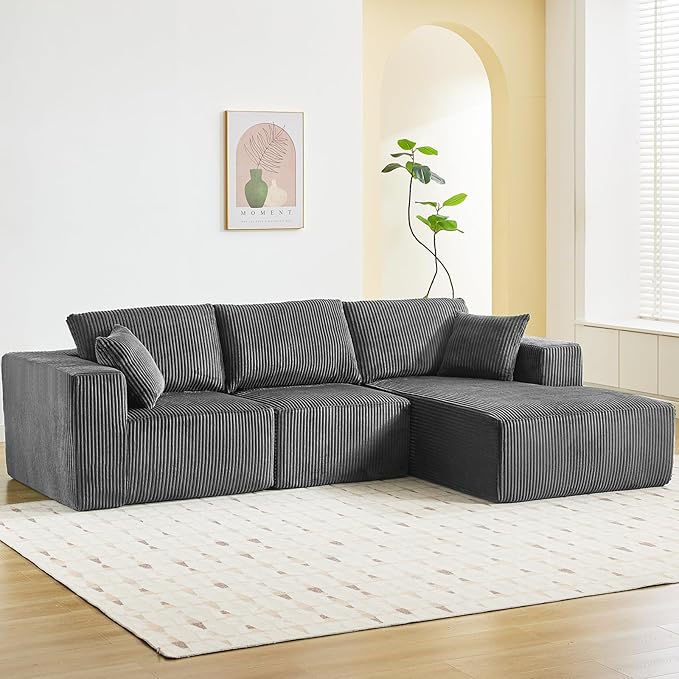 Sectional Cloud Boneless Couch 108 Modern Comfy L-Shape No Assembly Required Convertible Compression Sleeper Modular Sofa with Corduroy Fabric Deep Seat Loveseat + Chaise for Living Room