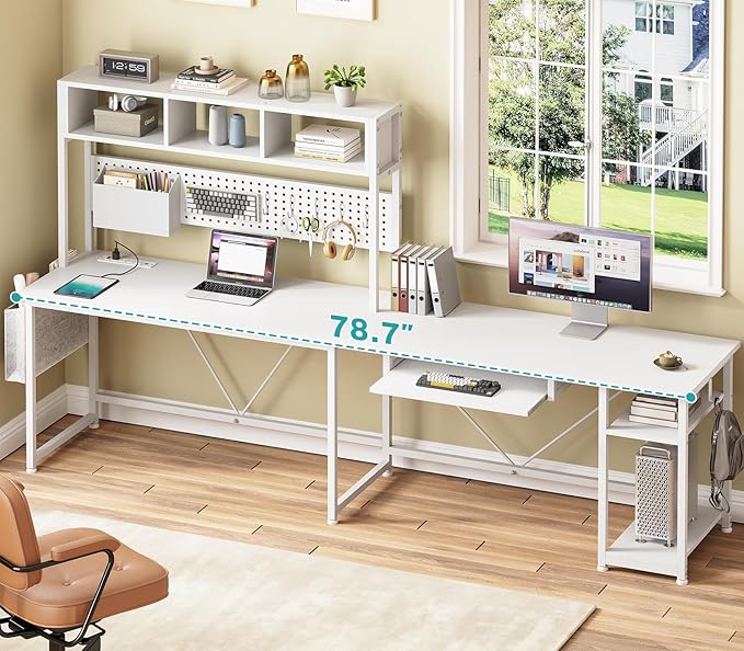 SEDETA White L Shaped Office Desk 57.5” Corner Computer Desk with Power Outlet Pegboard and Keyboard Tray Gaming Table with LED Lights Hutch and Storage Shelves for Home Office